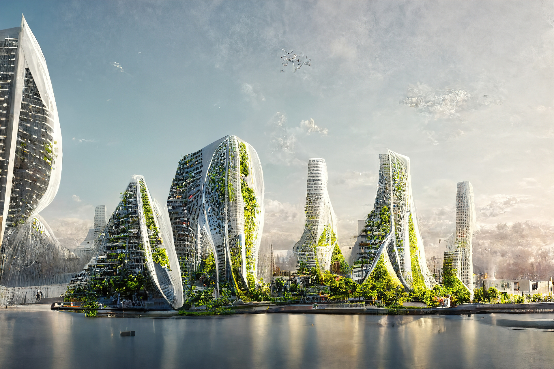 Royal Garden Marina City, Navi Mumbai — futuristic biophilic skyline of vertical-garden towers reflected in the harbour.