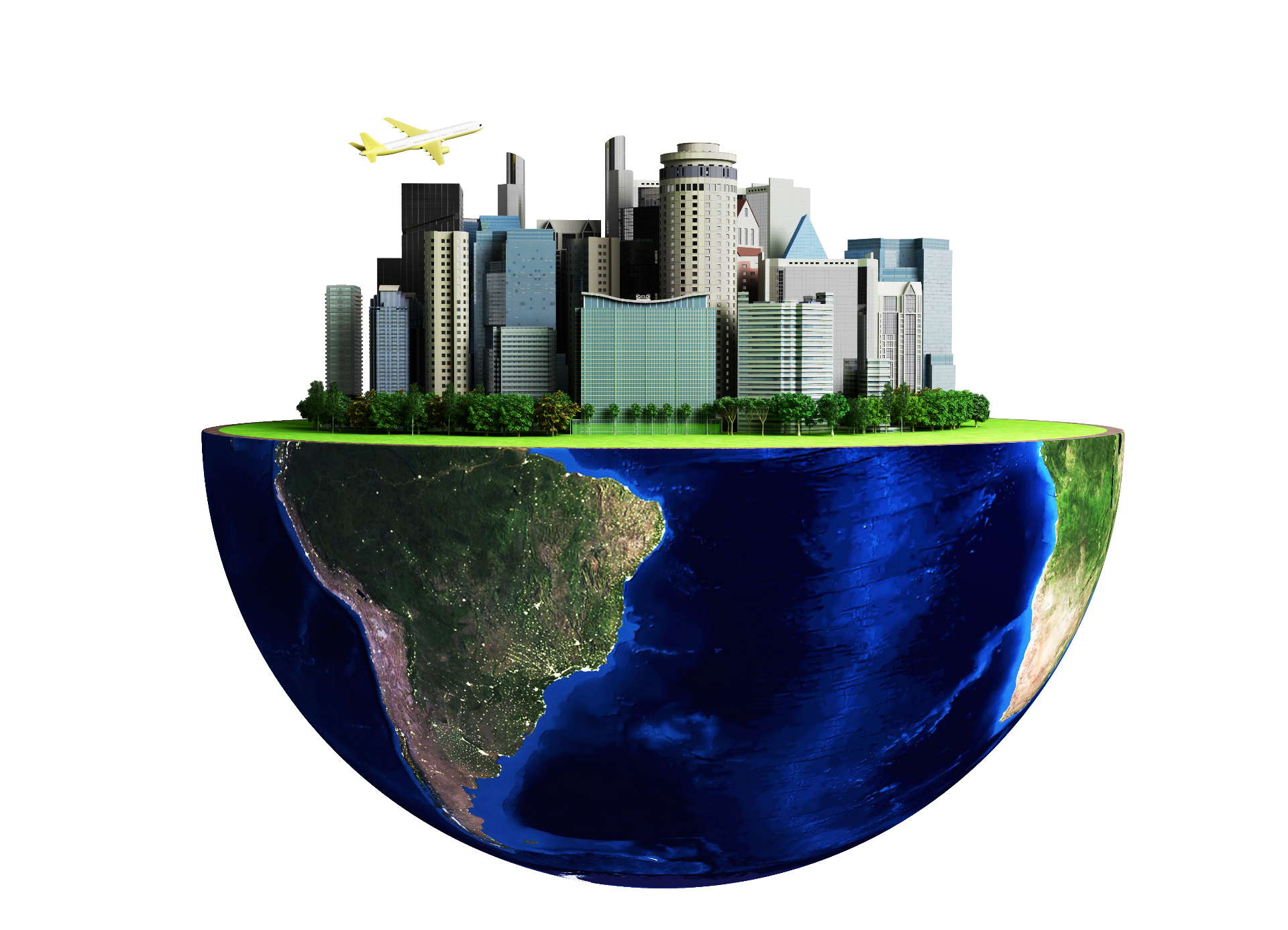 RIRIC self-sufficient smart eco-city rising from a curved section of planet Earth, illustrating a sustainable, technology-integrated urban infrastructure vision.