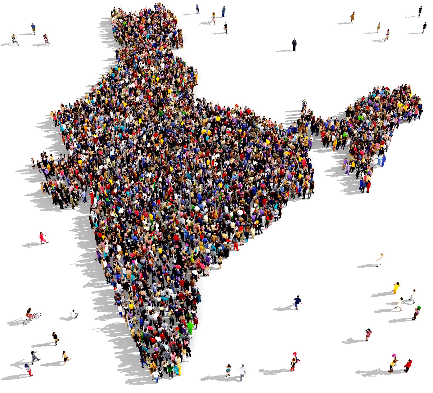 Aerial view of thousands of people forming the shape of India, symbolising India's population and economic potential.