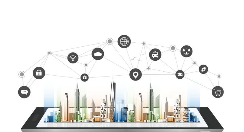 Smart city illustration showing interconnected services across a township