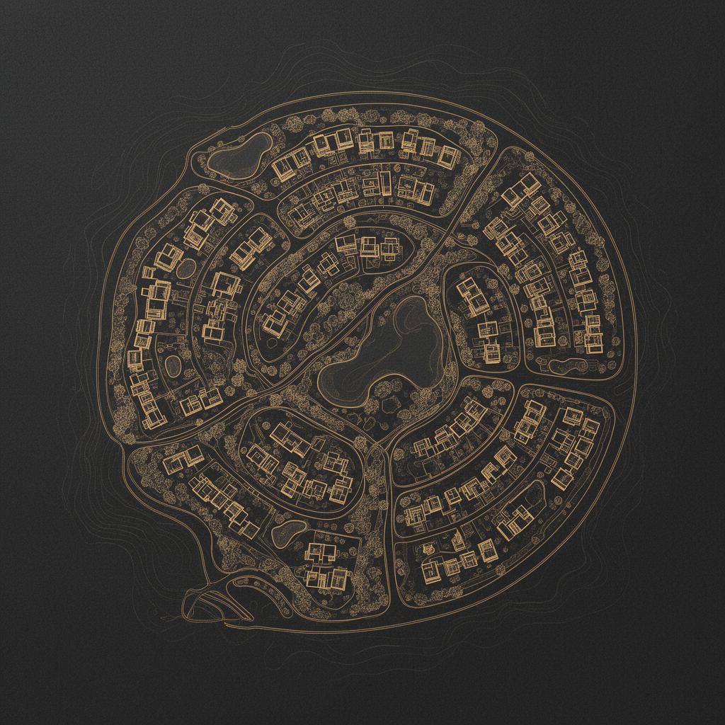 Stylised master-plan blueprint of a smart ECO Village township in gold ink on charcoal.