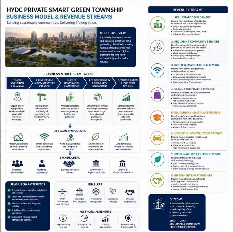 RIRIC Privatized Smart Green Township — full business model and revenue streams diagram.